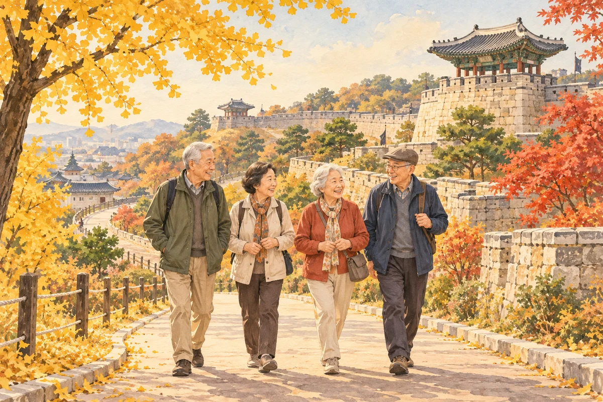 가을 산책을 즐기는 어르신들 AI 일러스트